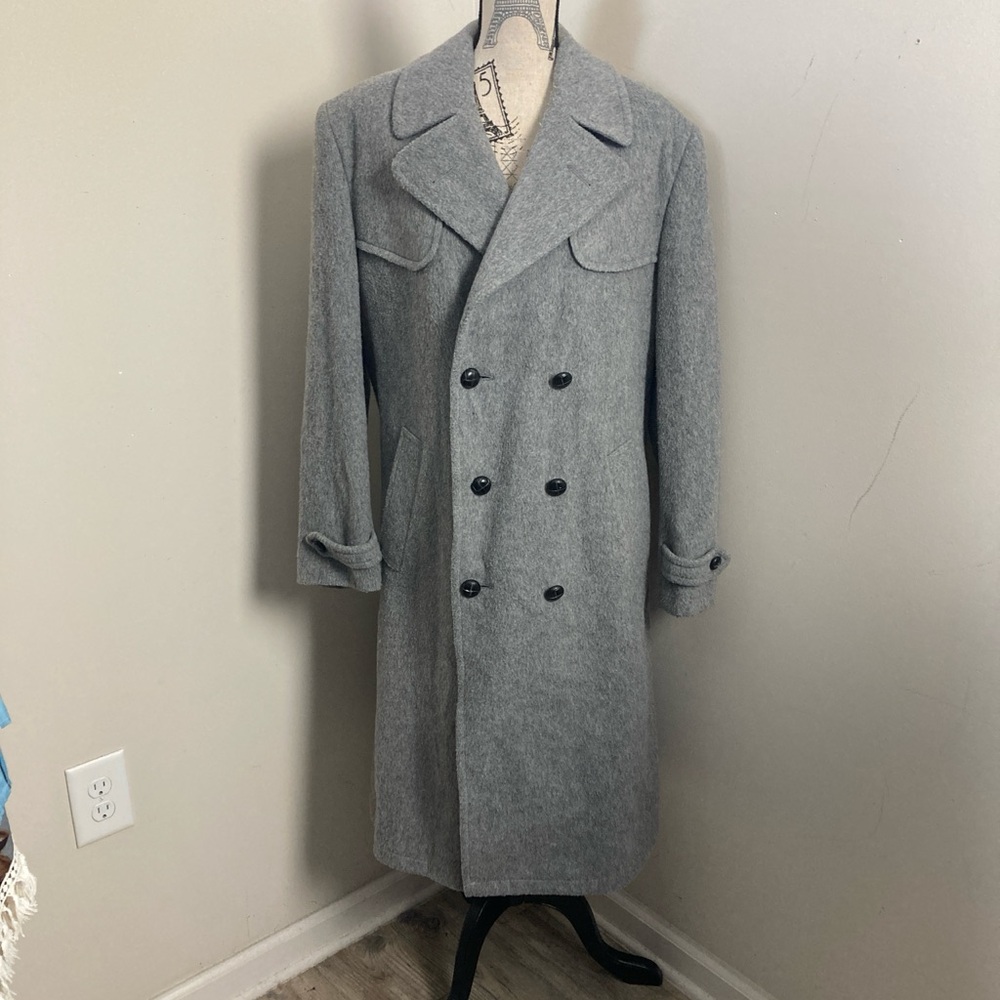 Falcone Men's Gray Double Breasted Long Peacoat Coat